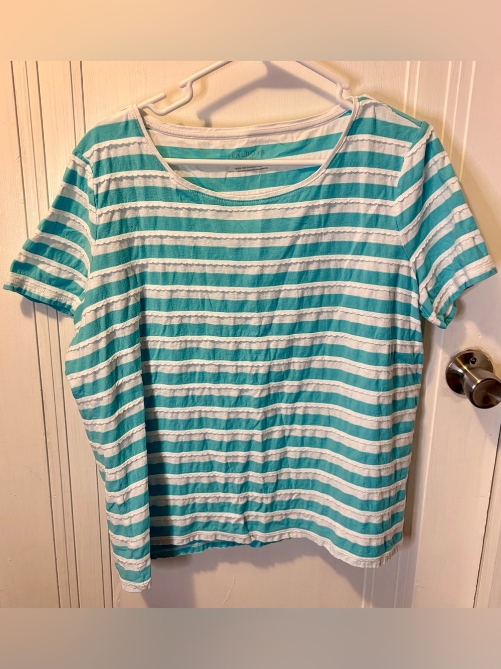 Talbots Teal and White Striped Short Sleeve Scoop Neck Top